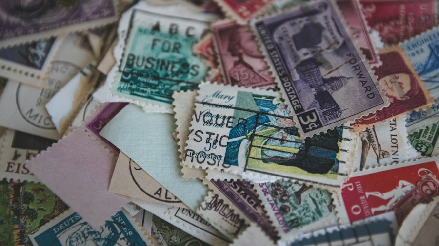 Pile of classic postage stamps from a family collection